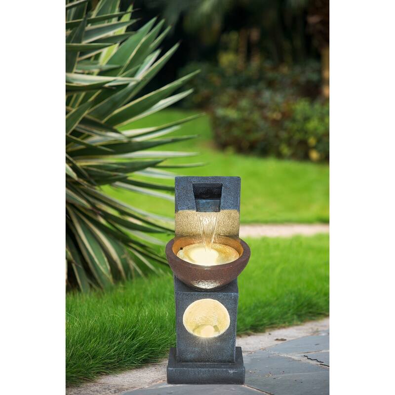 9.4x9.1x23.8" Black and Brown Sculptural Water Fountain with Bowl Basin, with Light and Pump, for Indoor and Outdoor