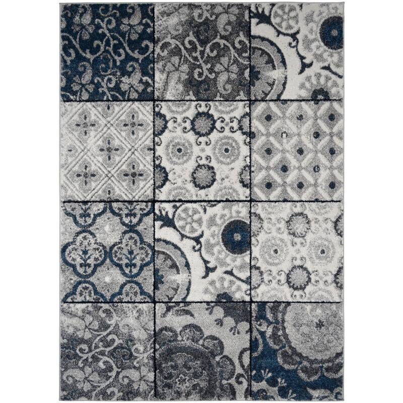 Patches Cream Blue Gray Stylish Transitional Area Rug - 7'10" x 9'10"
