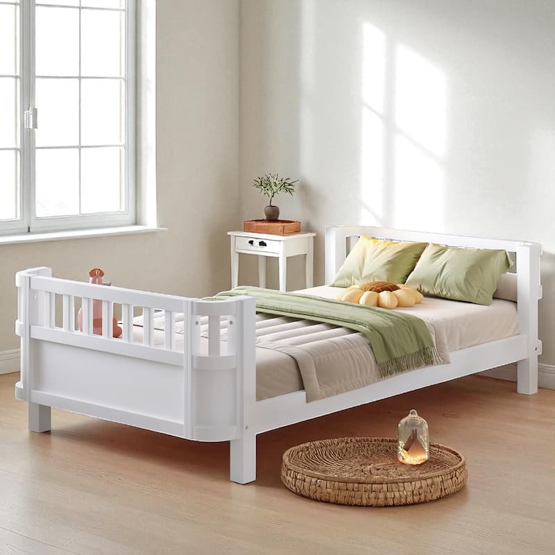 Wood Platform Bed with Guardrails & Detachable Fence, Twin/Full/Twin XL/Queen Size Kids Bed, Safety Design, No Box Spring - White - Twin