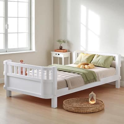 Wood Platform Bed with Guardrails & Detachable Fence, Twin/Full/Twin XL/Queen Size Kids Bed, Safety Design, No Box Spring