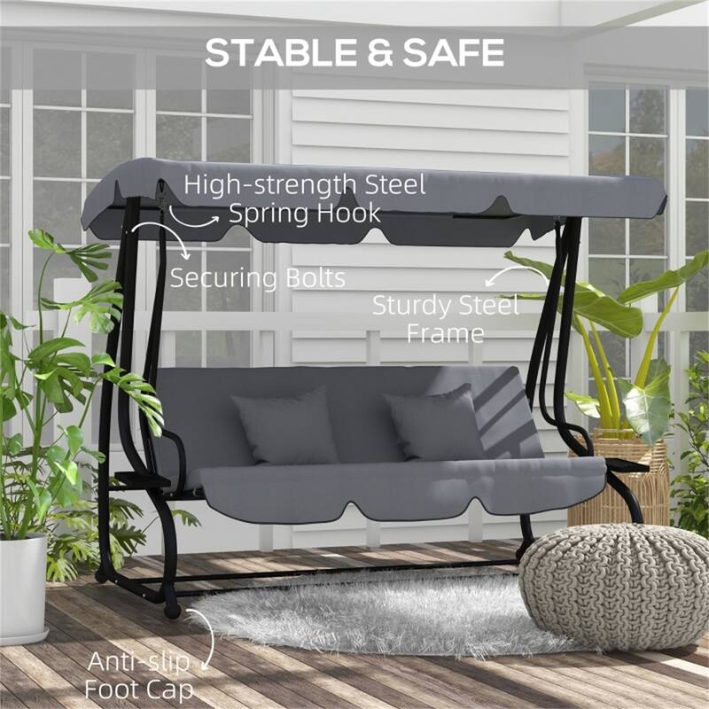 Convertible Patio Swing Bench with Steel Frame and Soft Cushions Pillows Canopy and Cup Holders - 78.75" L x 47.25" W x 64.5" H