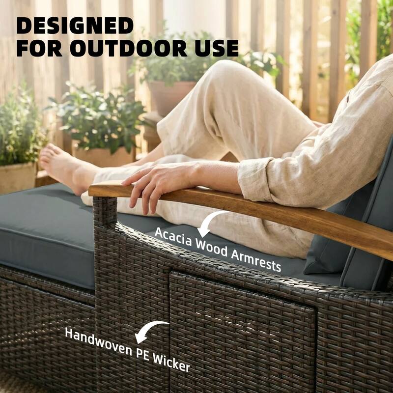 Outsunny Rattan Outdoor Daybed w/4-Level Adjustable Backrest, Patio Sofa Bed w/Loveseat, Storage Ottoman, Acacia Wood Armrest