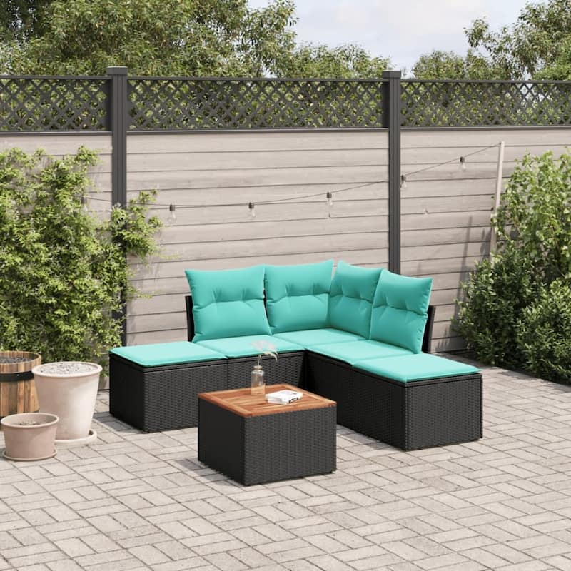 vidaXL Patio Sofa Set with Cushions Outdoor Furniture 6 Piece Poly Rattan - 24.4" x 24.4" x 27.2" - Black and blue