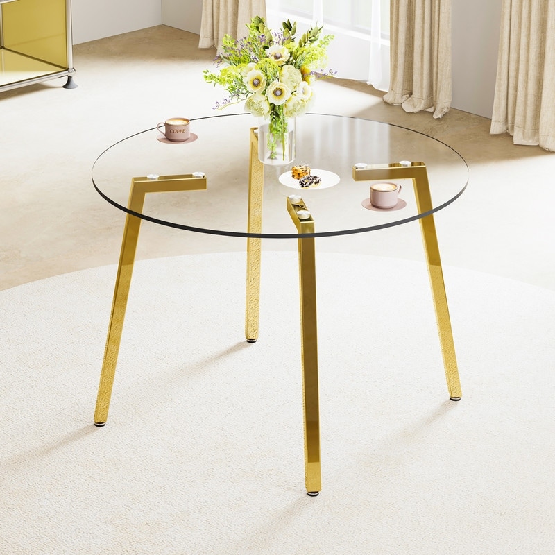 Modern 42" Round Transparent Tempered Glass Table with Golden Metal Base for Kitchen, Dining & Living Room