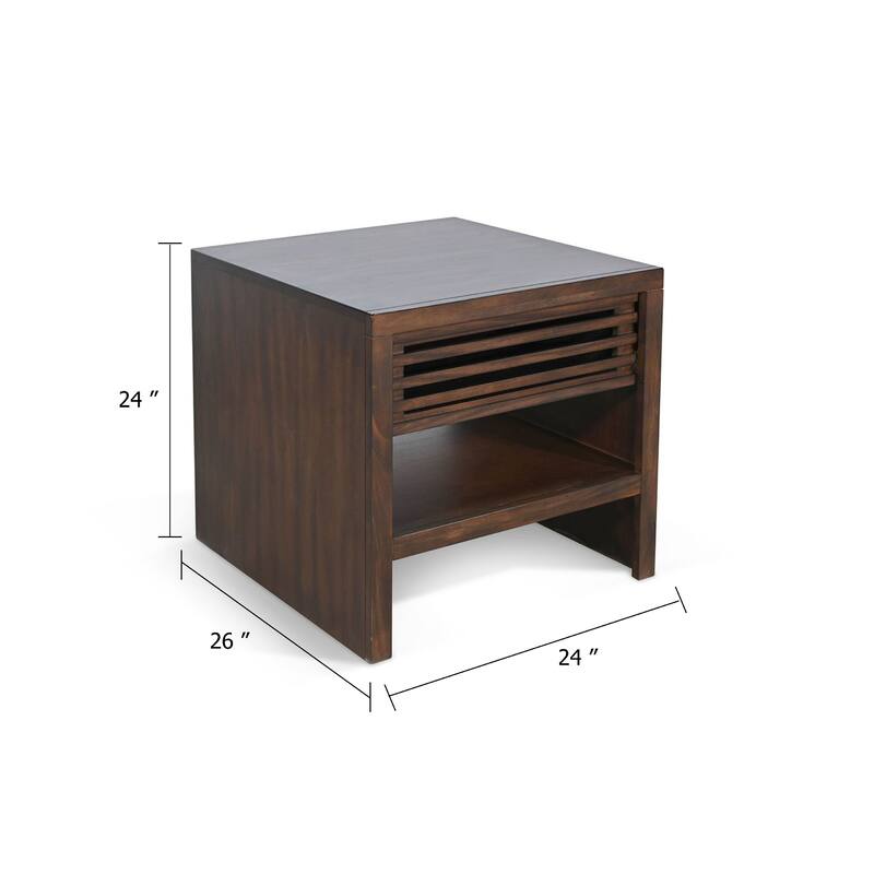 Nero Side End Table, Slatted Drawer, 26 Inch Solid Wood Dark Brown