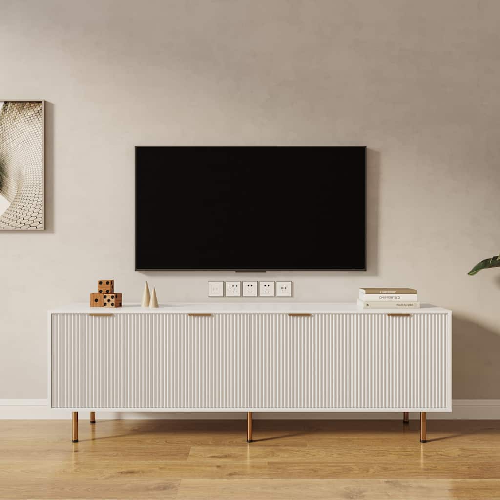 Modern TV Stand Elegant TV Stand, for TVs up to 80+ " with 4 Drawers, for Living Room and Bedroom, Warm White