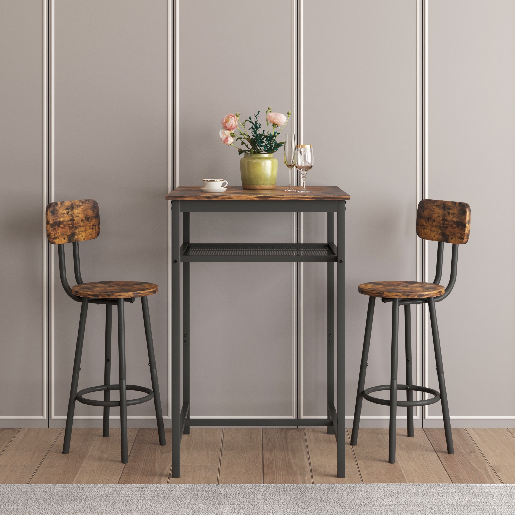 3-Piece Bar Table,Equipped with 2 Bar Stools,with Backrest