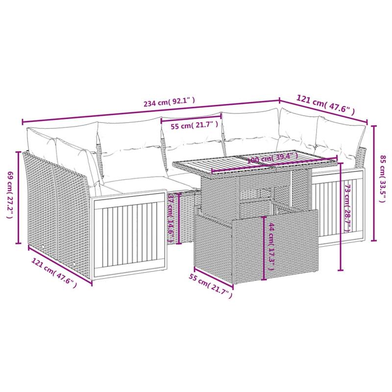 vidaXL Patio Sofa Set with Cushions Outdoor Furniture 7 Piece Poly Rattan - 21.7 x 24.4 x 27.2