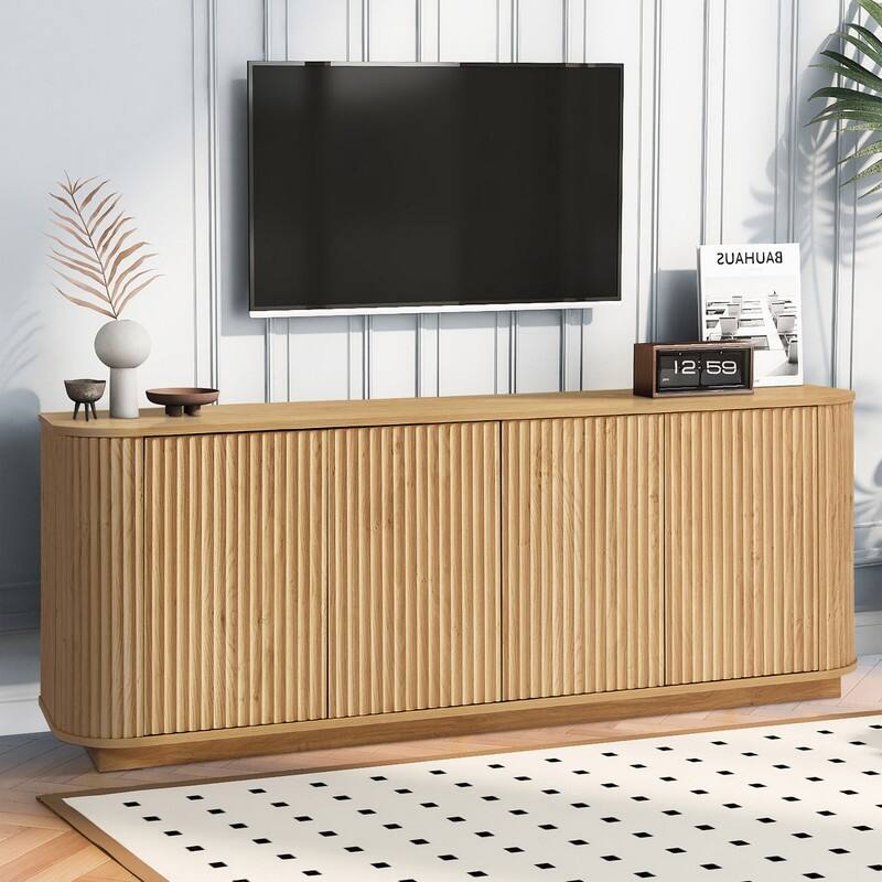 Wave Pattern Storage Cabinet, Stylish Wooden Sideboard with Pressed Spring Door