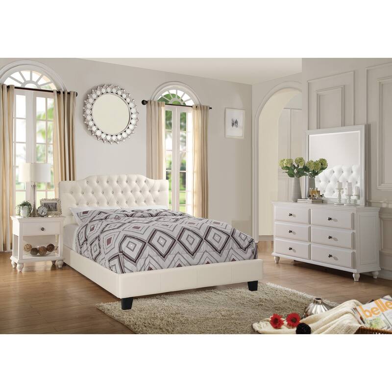Traditional Style 4pc Bed Dresser Mirror Nightstand Set Bun Feet Button Tufted Headboard Off White Finish Bedroom Furniture