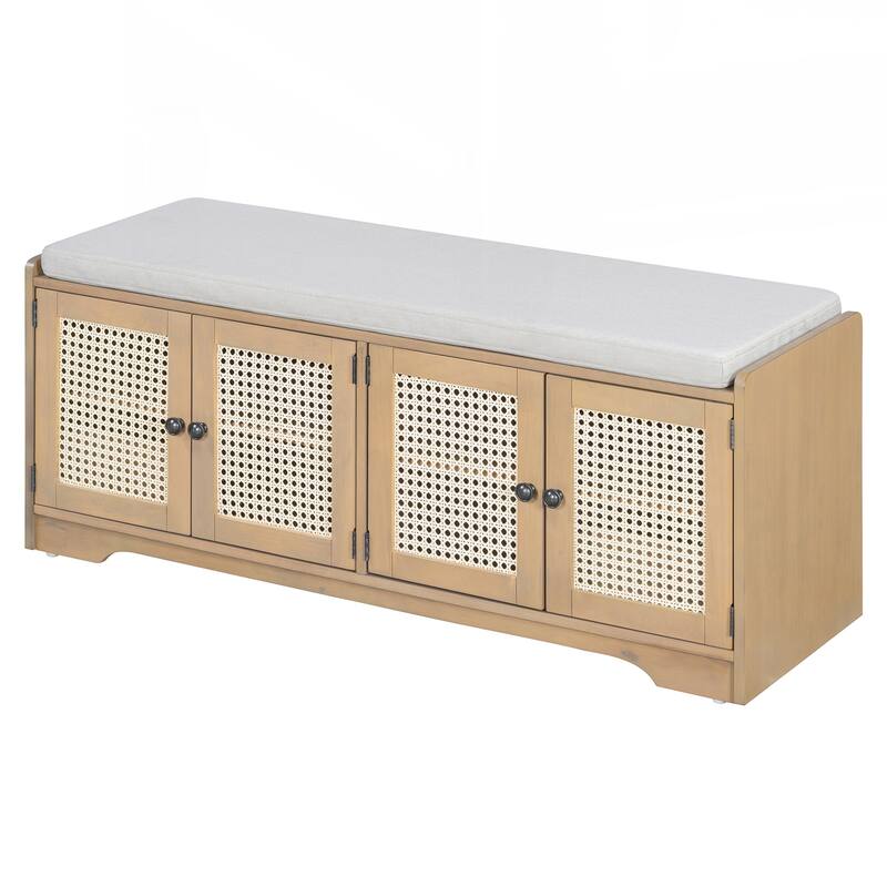 Rustic Storage Bench Multifunctional Wood Entryway Shoe Bench with Removable Cushion, Woven Rattan Doors & Adjustable Shelves