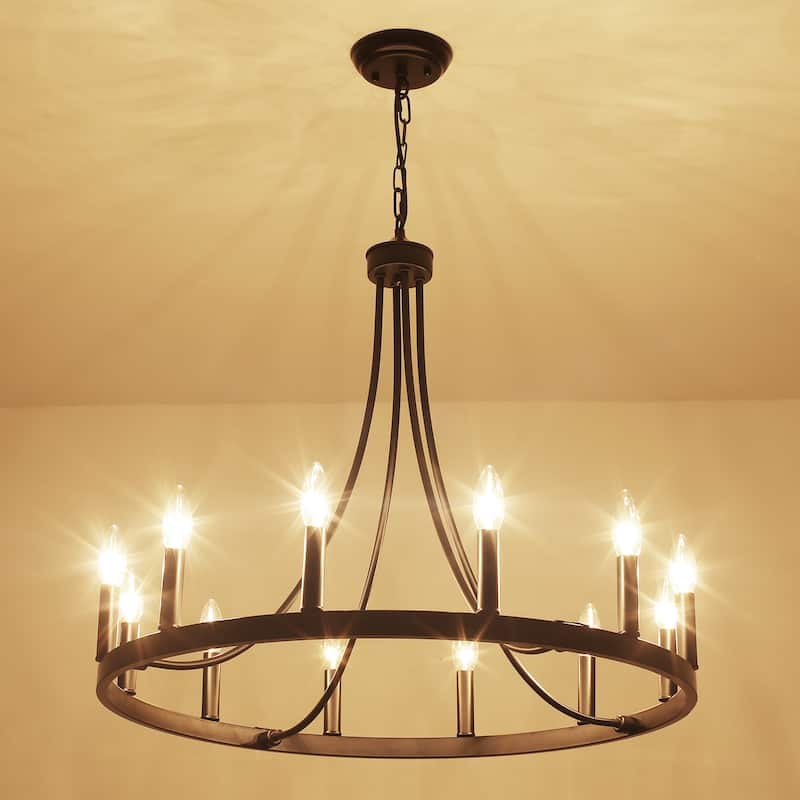 12-Light 26.77-inch Vintage Rustic Wagon Wheel Chandelier for Kitchen