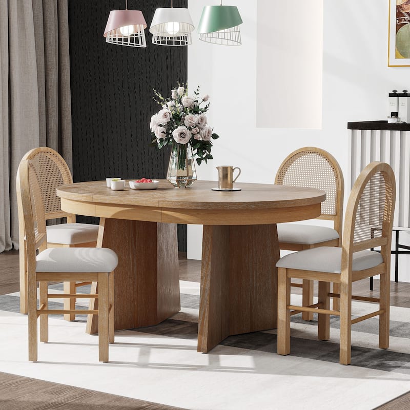 5-Piece Round Dining Table Set For 4,Retro Extendable Dining Table Set With 4 Upholstered Chairs,Kitchen Table And Chairs - Natural Wood Wash