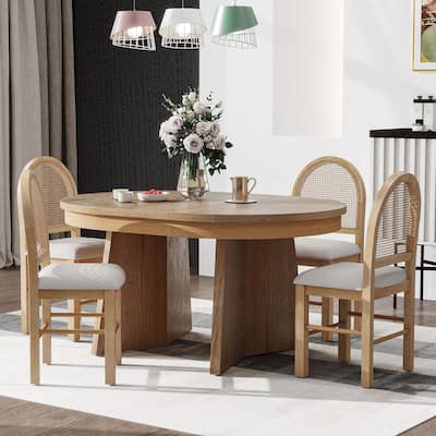 5-Piece Round Dining Table Set For 4,Retro Extendable Dining Table Set With 4 Upholstered Chairs,Kitchen Table And Chairs
