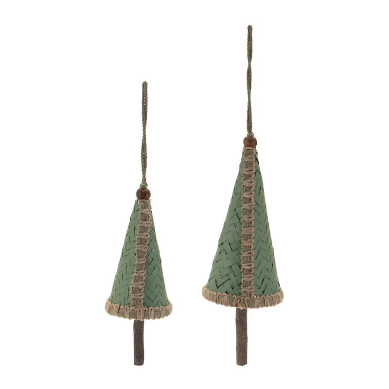 Set of 4 Woven Wicker Pine Tree Ornaments Green and Beige Rustic Farmhouse Christmas Decoration - 3.25”L x 3.25”W x 9.25”H