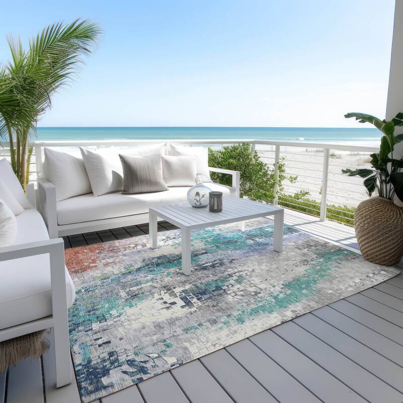 Machine Washable Indoor/ Outdoor Abstract Pixels Chantille Rug