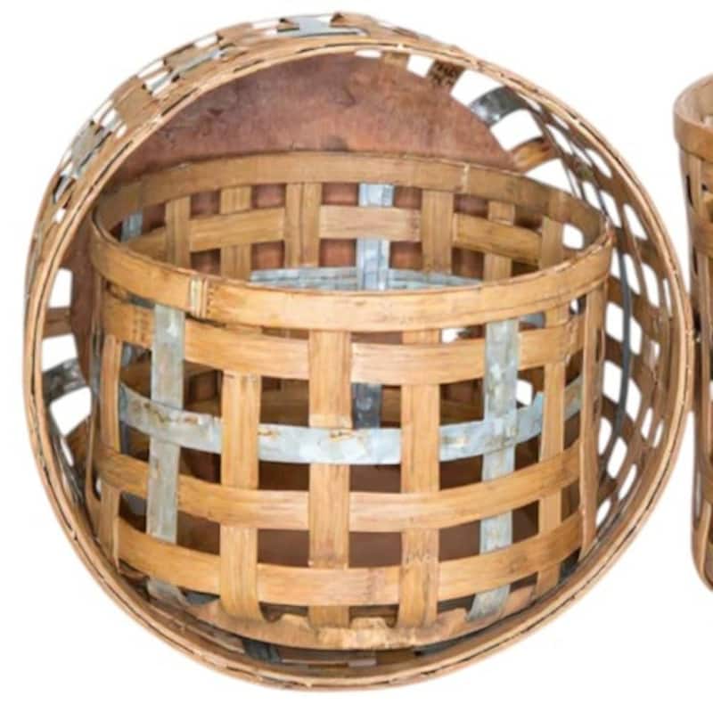 HomeRoots Set of Three Natural Wicker And Galvanized Metal Woven Baskets