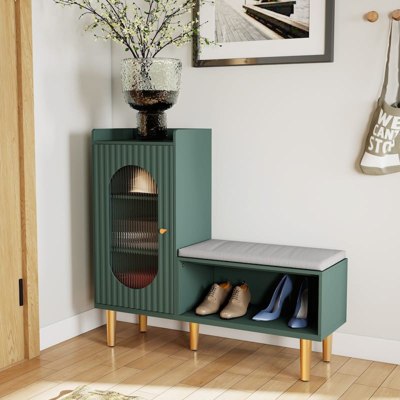 Space-Saving L-Shaped Shoe Bench, Entryway Organizer with Glass Door