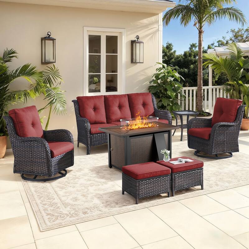 Gymojoy 7-Piece Patio Set w/ 55K BTU Fire Pit, 3-Seater Sofa, Swivel Rockers & Ottomans for Backyard, Deck