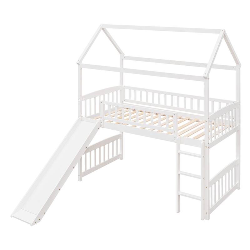 White Twin Loft Bed with Slide and House Design, Space-Saving Kids Furniture