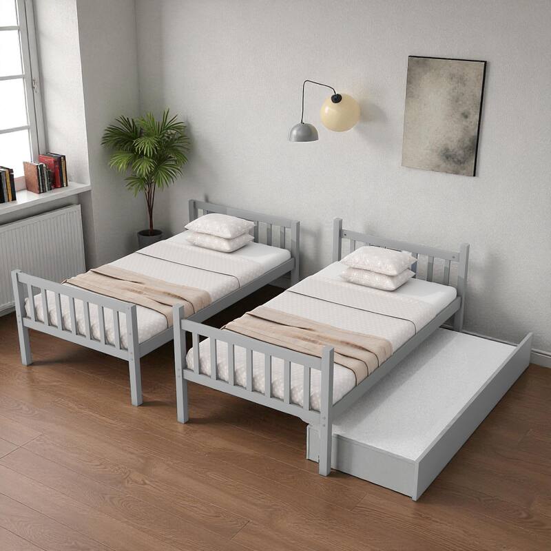 Twin Over Twin Rubber Wood Bunk Bed with Trundle, Convertible into Twin Beds, Ladder and Safety Guardrails