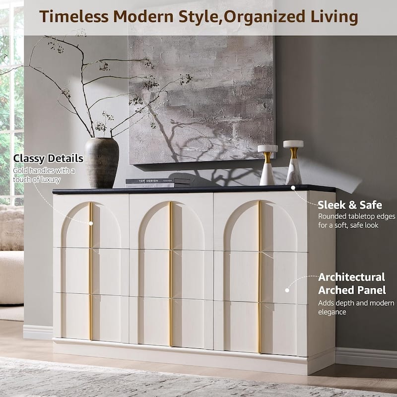 Modern Arched 9 Drawers Dresser, Wood Chest of Drawers for Living Room