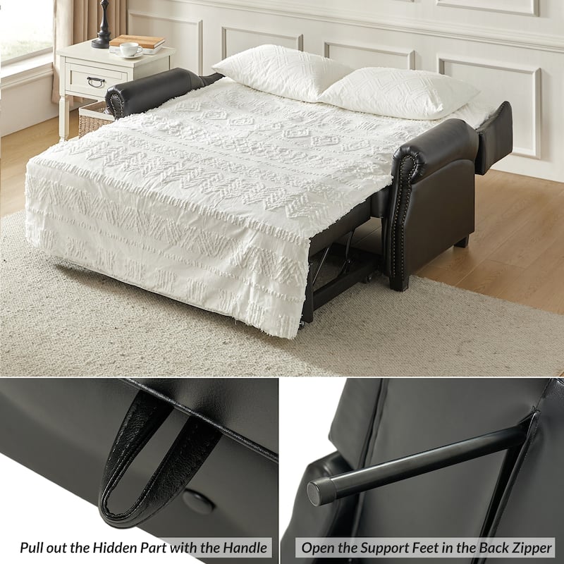 Ruedi Transitional 73.6" Vegan Leather Sofa Bed with Tufted Back and Nailhead by HULALA HOME
