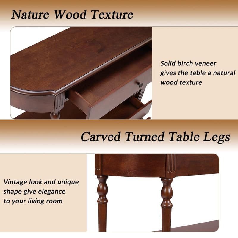 Retro 43" Curved Wood Console Table with 3 Drawers and Open Shelf, Sofa Table Behind Couch for Living Room and Hallway Storage
