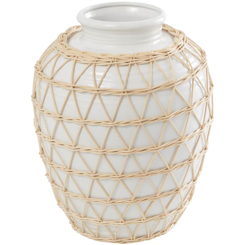 Ceramic Handmade Decorative Vase with Woven Rattan Exterior - White - Roche River Decor