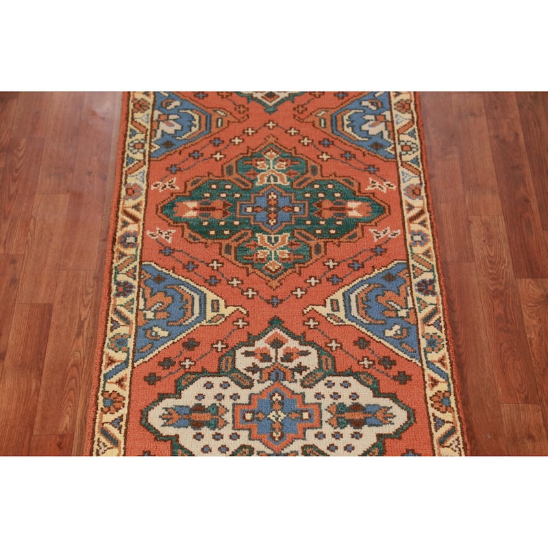 Hand Knotted Oriental 100% Wool Carpet Traditional Geometric Oranges & Rust Kazak Runner Rug - 9' 10'' X 2' 7''