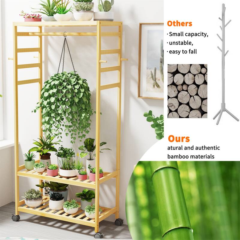 3 tier Movable Wood Clothes Rack Stand with Shelves Durable Side Hooks