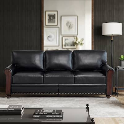 Devota Transitional Leather Solid Wood Sofa With Nailhead Trim - Bed ...