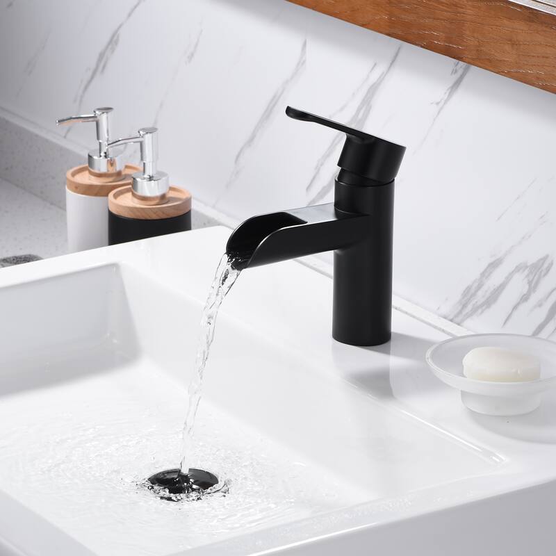 Luxier BSH16-S Waterfall Single Handle Single Hole Bathroom Faucet with Drain - Matte Black