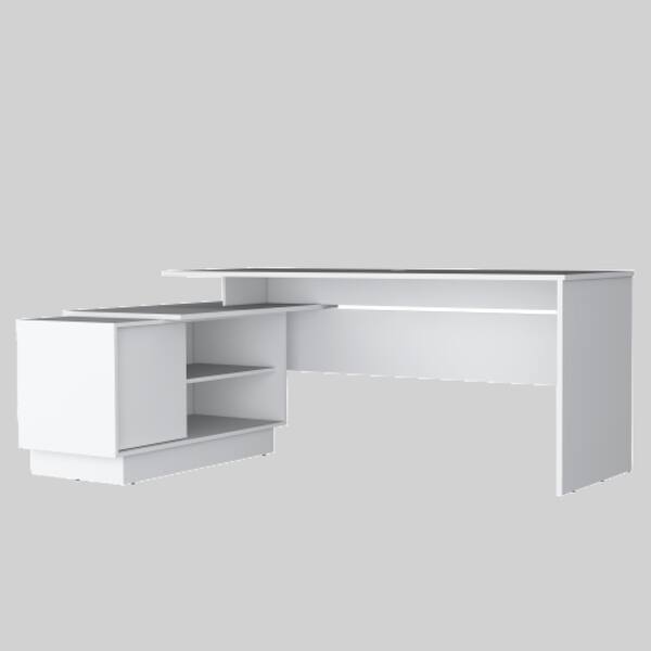 slide 2 of 7, 70" Wide L-Shaped Office Desk with Cabinet and Shelves, Freestanding Design White