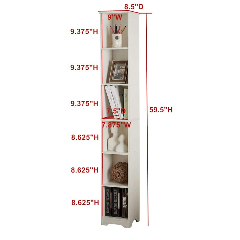 6-Tier Narrow Slim Storage Shelves Media Bookcase, White