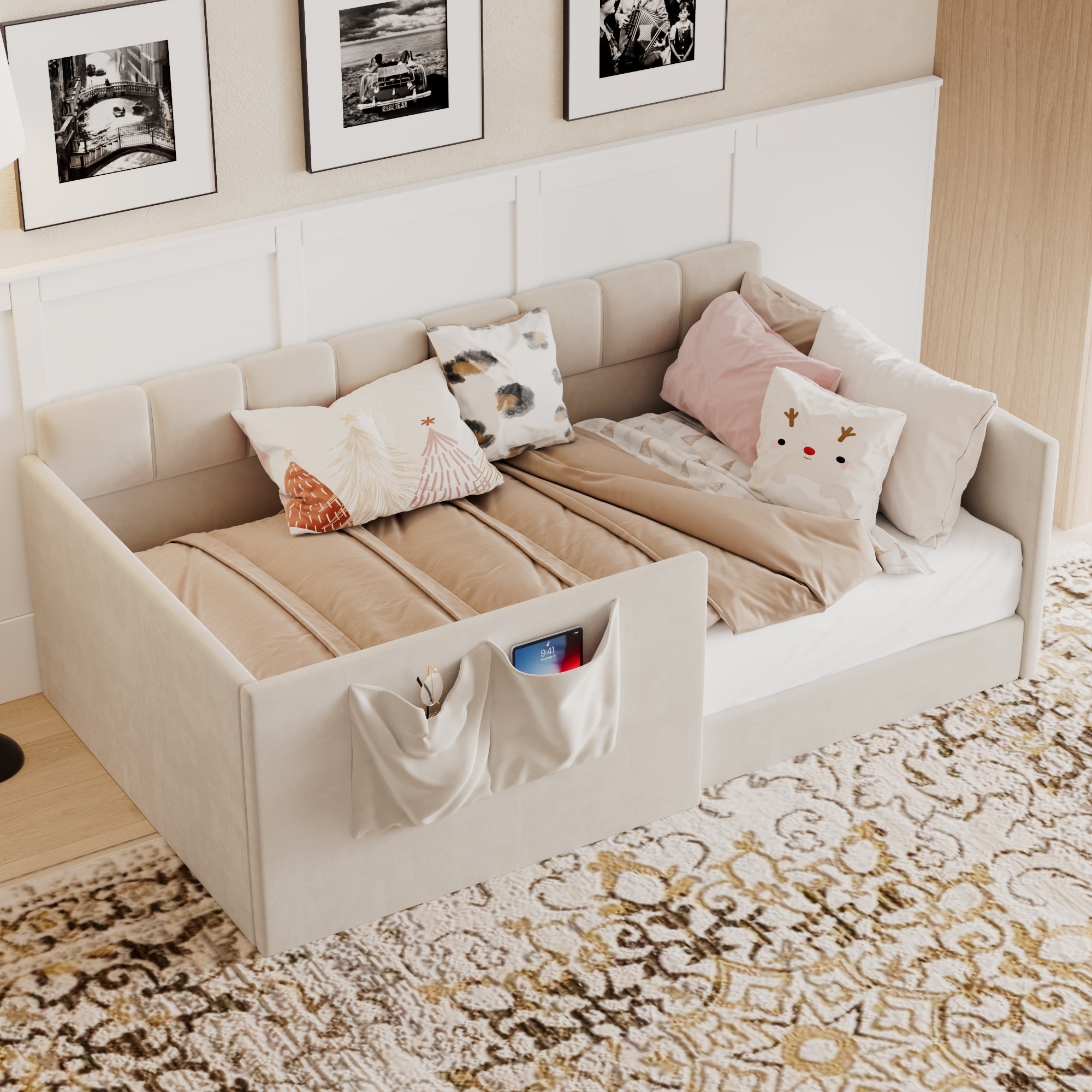 Twin Size Daybed Velvet Upholstered Sofa Bed with Storage Pockets
