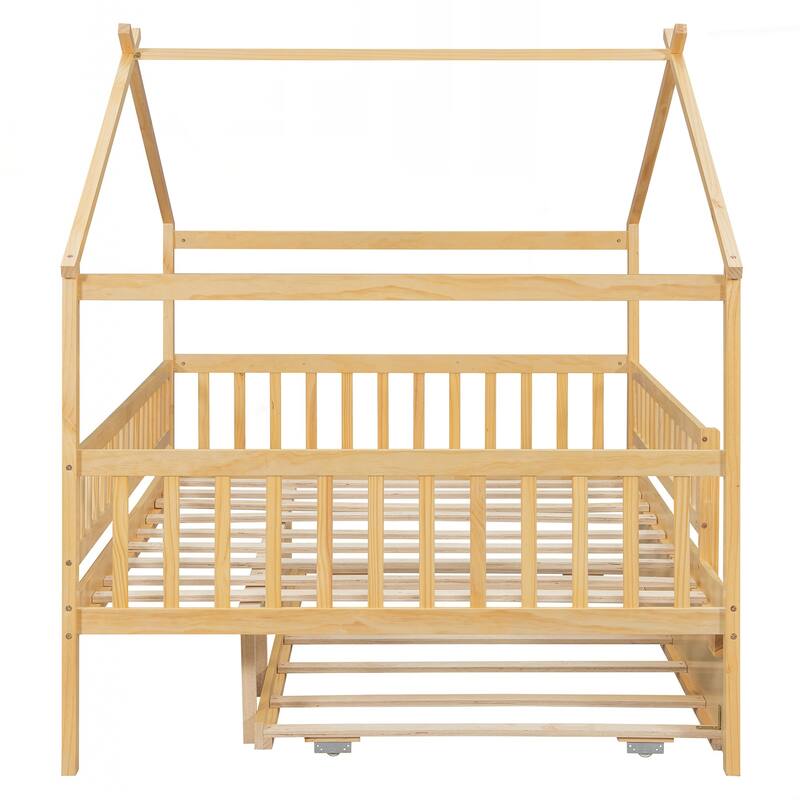 Full Size Wooden House Bed with Twin Size Trundle