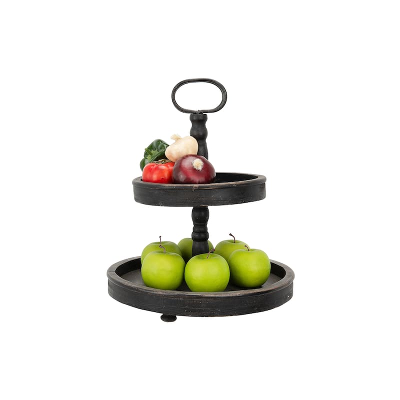 Distressed Wood 2-Tier Tray with Metal Handle