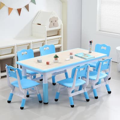 Kids Table and Chairs Set, Height Adjustable Desk with 6 Seats for Ages 2-10