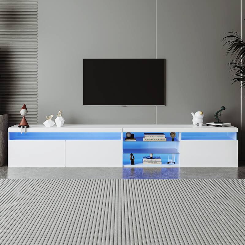 Stylish TV Stand with Glass Shelves & LED Lights, Media Console for TVs Up to 105", Adjustable Color Lighting