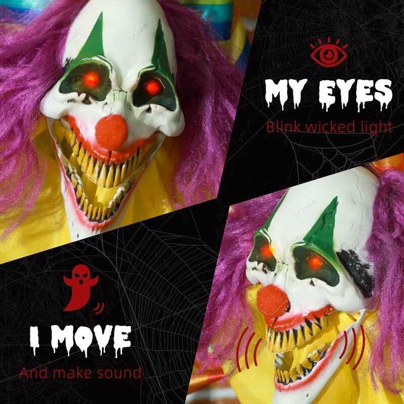 3.8' Outdoor Halloween Decoration Animatronic Hanging Clown Corpse Sound Motion Activated Light Up Eyes Circus Music