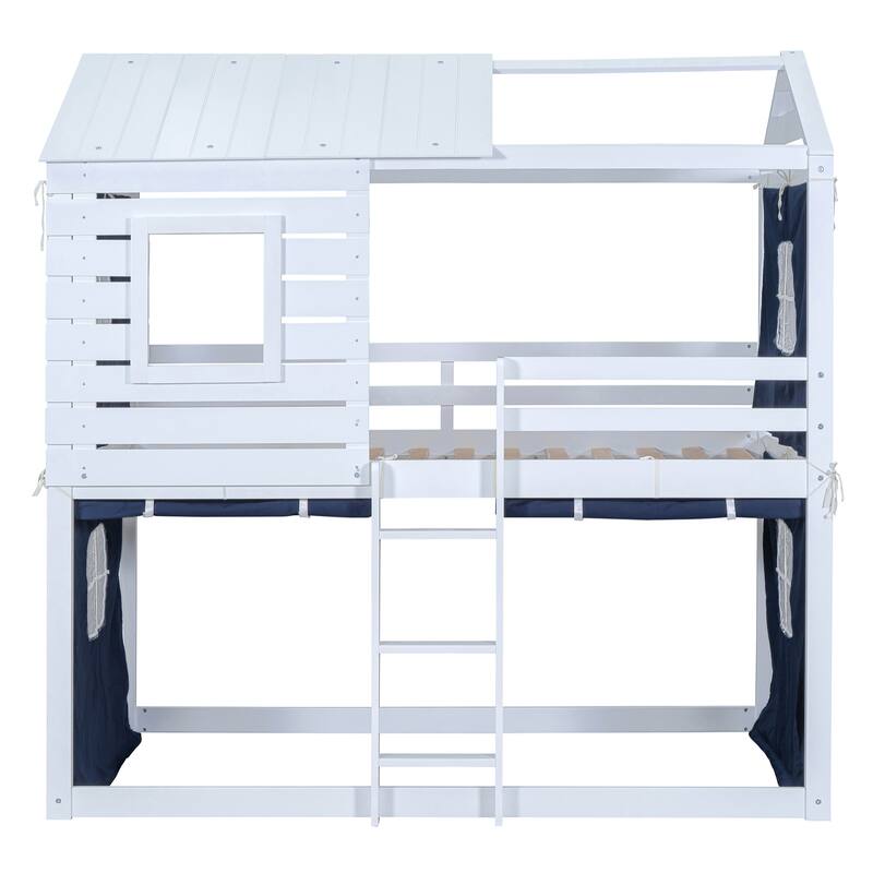 Blue Twin Size Solid Wood House Bunk Bed with Tent, Ladder and Fence for Kids, Bedroom