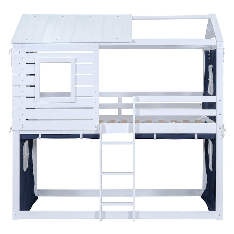 Solid Wood House Bunk Bed with Tent, Ladder and Fence for Kids, Bedroom