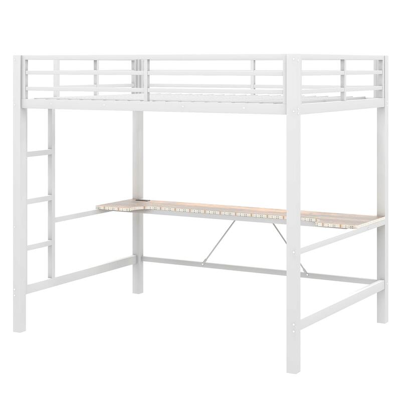 Metal Gaming Loft Bed with Desk & USB Charge Station, Teens Bedrooms Bed Frame with LED Lights, Full-Length Guardrails