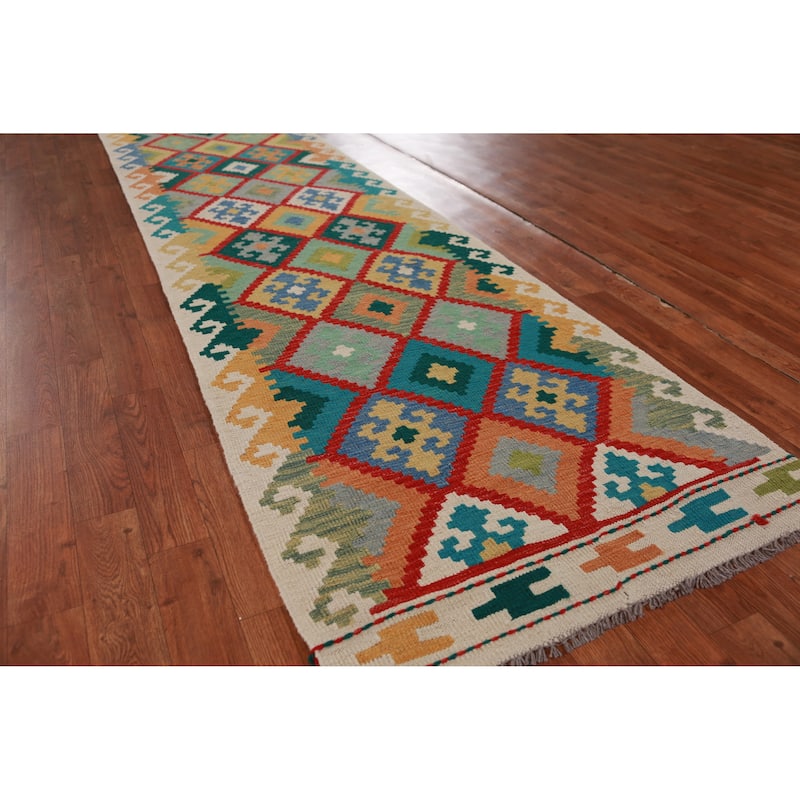 Geometric Kilim Oriental Runner Rug Hand-Woven Wool Carpet - 2'7" x 16'2"