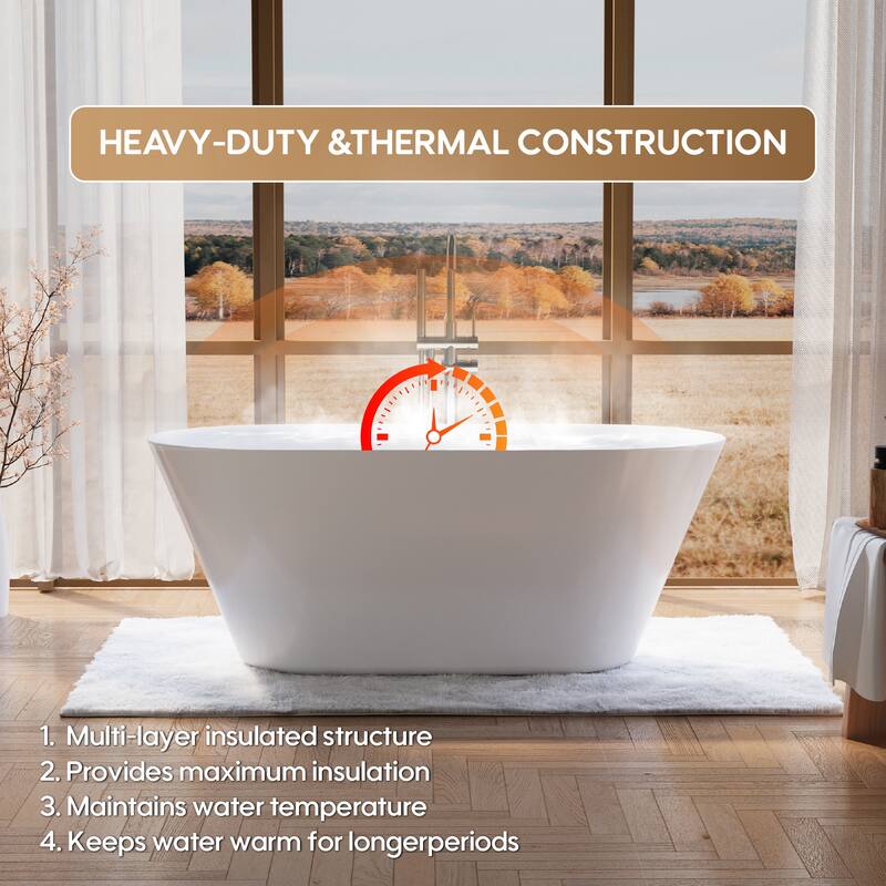 Glossy White Freestanding Soaking Bathtub, 100% Pure Virgin Acrylic with Drain And Overflow
