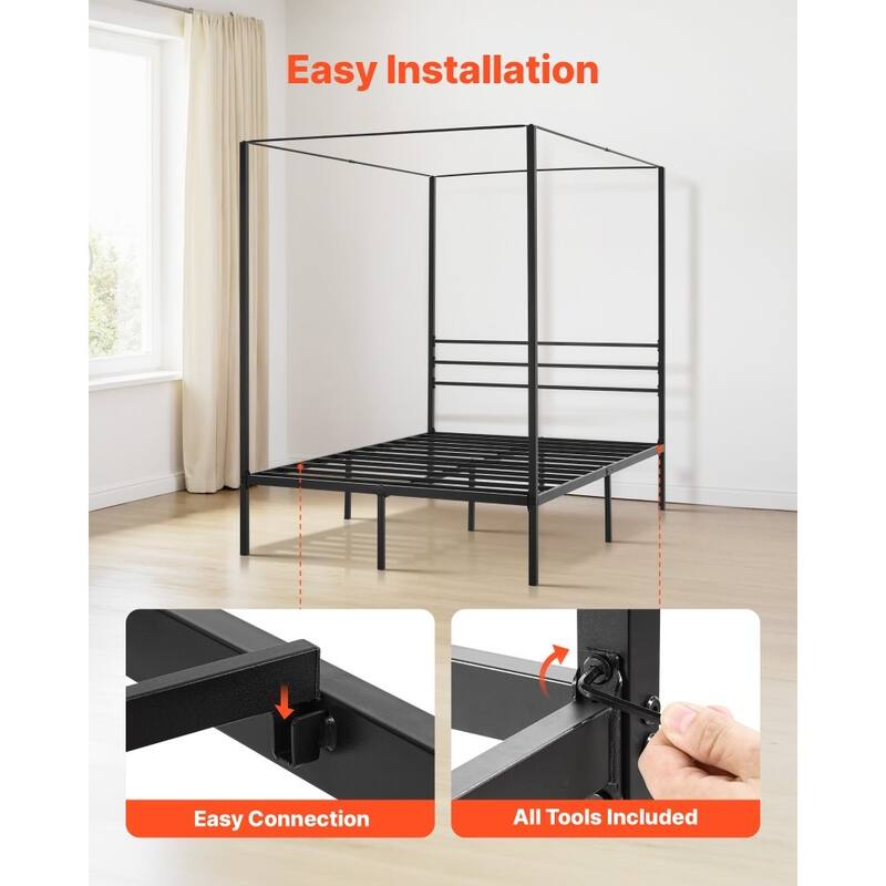 Modern Black Metal Canopy Bed Frame with 12.4 Inch Storage Clearance and Strong Weight Support