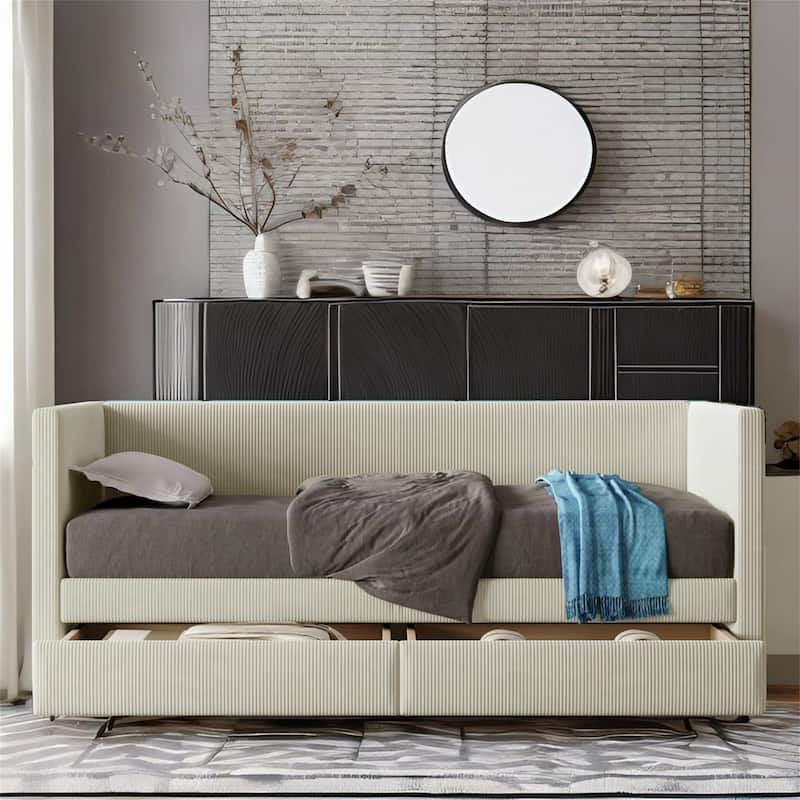 Corduroy Daybed Twin Size with Two Drawers and Wood Slat