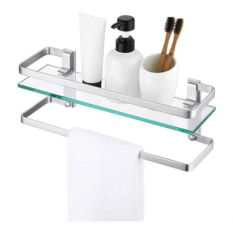 Wall Mount Glass Floating Shelf With Towel Bar