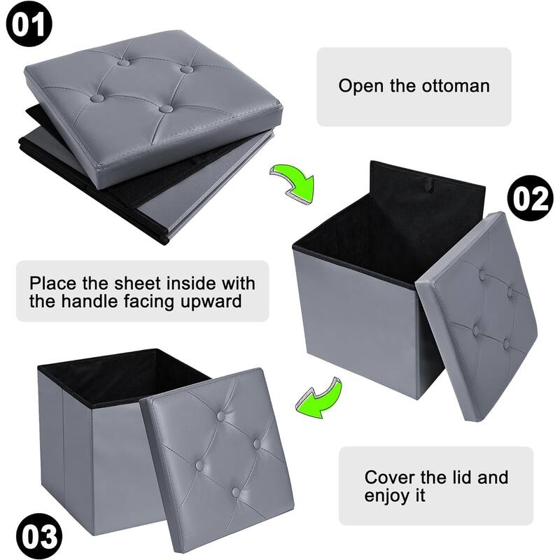 2 PC Storage Folding Ottoman, Storage Footrest Stool, Faux Leather Storage Bench Cube with Padded Seat for Small Space